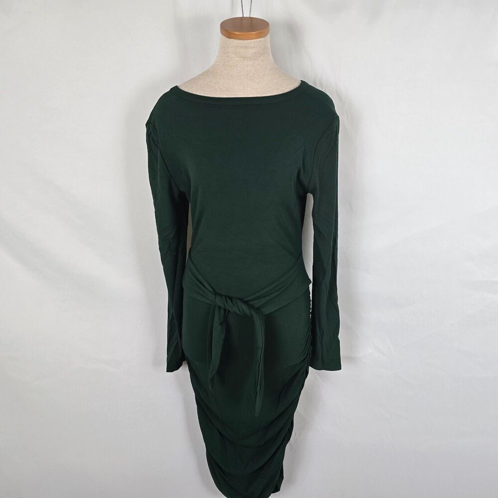 Cutie Fox Dress Women's M Green Midi Long Sleeve Ribbed Belt Round Neck Stretch